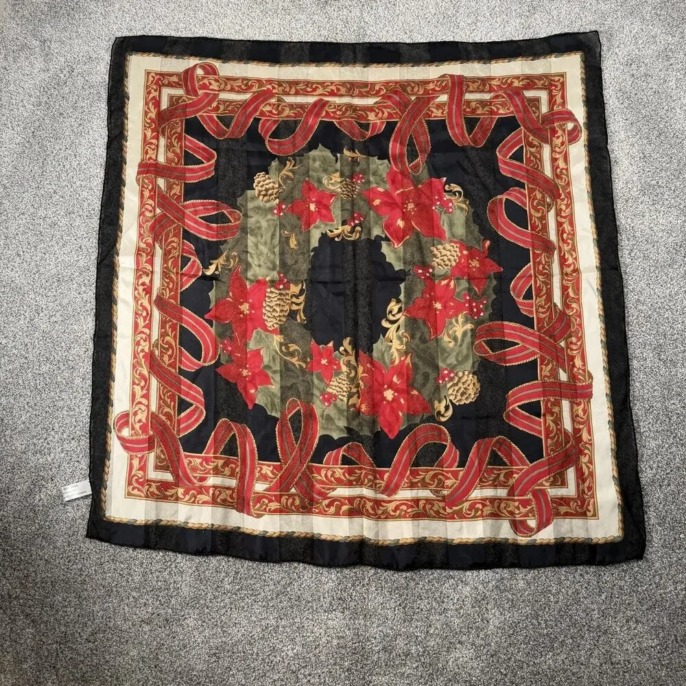 Vintage 90s Y2K The Specialty House Scarf 31x32 Silk Holiday Christmas Baroque